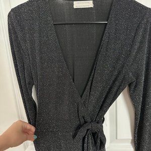 Sparkly Black & Silver Long Sleeve Wrap Dress